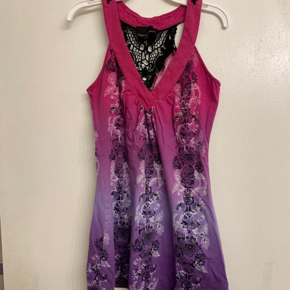 Cynthia Rowley Long Tank Patterned Shirt - Knitted Backing - Small